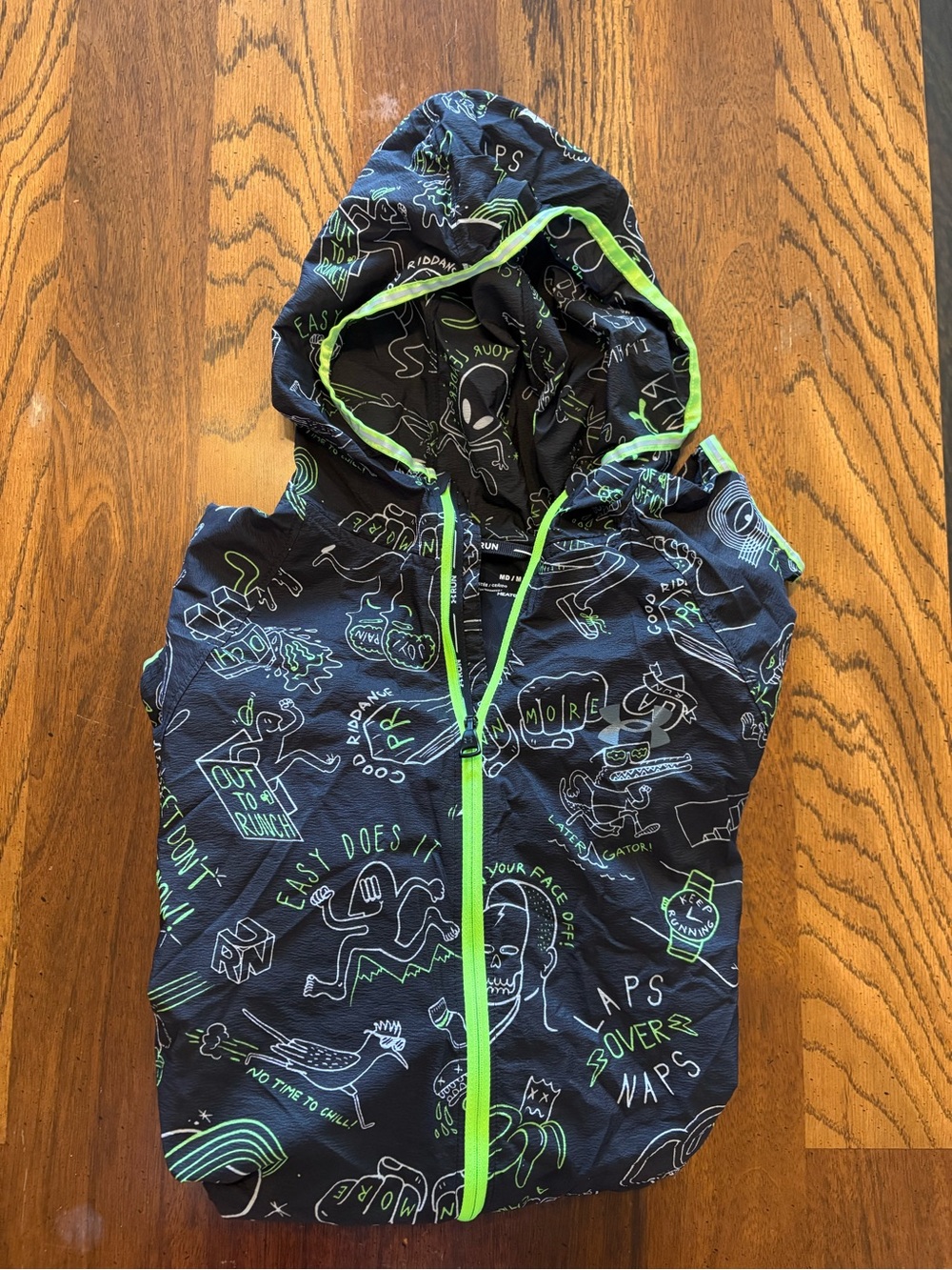 Under Armour Black Windbreaker with Neon Green Trim and Graphic Print